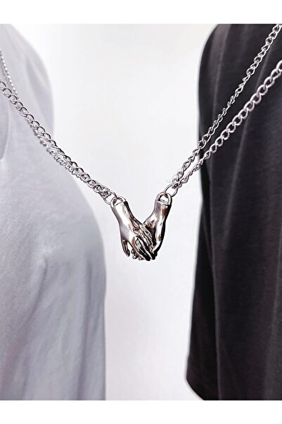 gifttime Gümüş Renk Mıknatıslı El Ele Çift Kolyesi