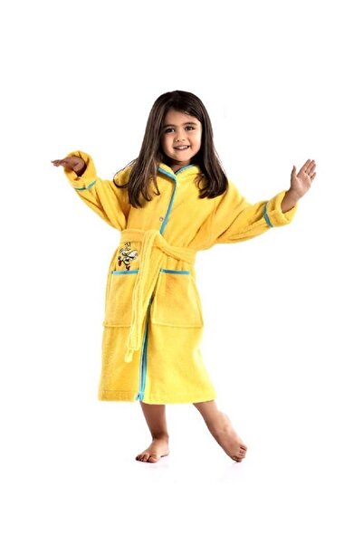 Guguwaykids %100 Pamuk Arı Nakışlı Sarı Kız Çocuk Bornoz Havuz Havlu Deniz Ço...