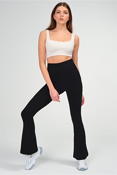 GRİLAND Дамски черен испански крачол с рипсени клинове с висока талия