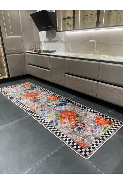 Brillant Damalı Çiçekli Lateks Kaymaz Taban Mutfak Halısı - Vizon Kahve