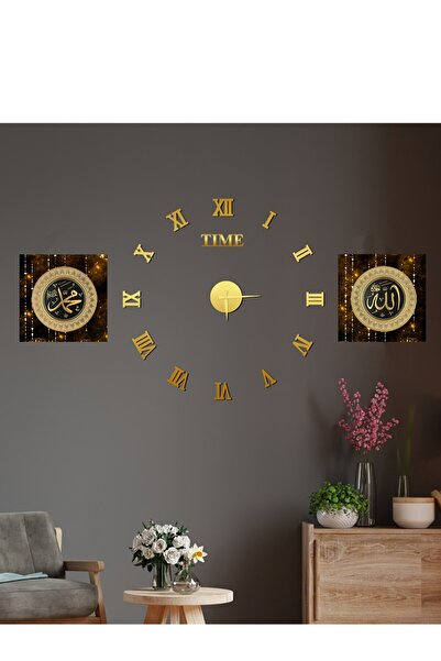 GİZEM SHOP Büyük Boy 3d Roma Gold Duvar Saati Ve Uv Tablo Set