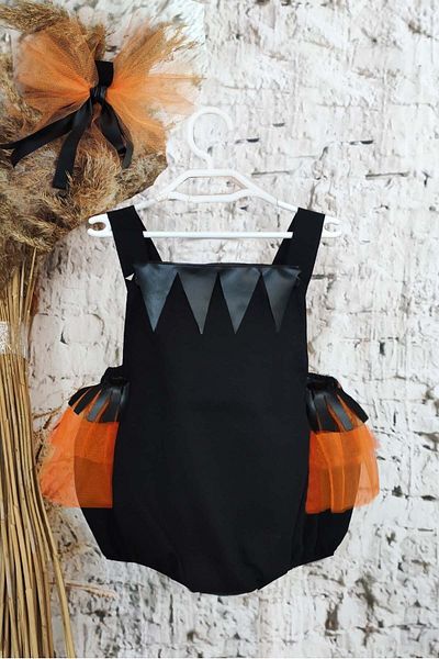 Shecco Babba Halloween Black Orange Leather Detailed Baby Girl Jumpsuit and Bandana
