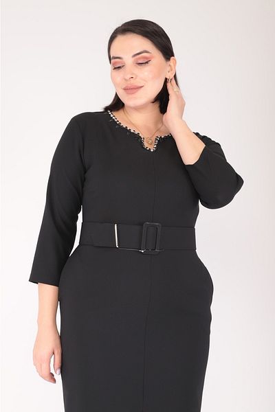 MODAPO Women's Strut Accessory Detailed Belted Plain Midi Plus Size Dress