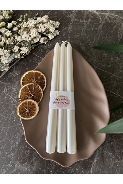 AtelierTimeFlies 3'lü Set Sedef Beyaz Renk Konik Şamdan Mum