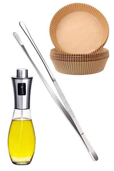 Buffer ® Air Fryer Seti 100 Adet Air Fryer Yuvarlak Pişirme Kağıdı Servis Maşası Cam Sprey Yağdanlık