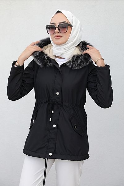 Bestenur Berfin Μαύρο Παλτό Hijab 364 - Διπλή τσέπη και γούνα εσωτερικά