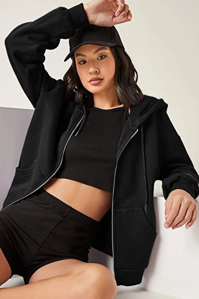 LEDRESS سترة نسائية سوداء كبيرة الحجم بسحاب