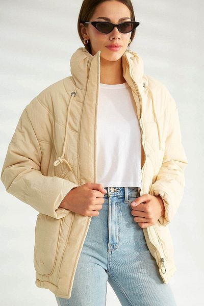Robin Stone Colored Puffer Jacket with Pockets and Drawstring Detail