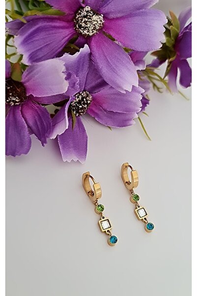 HOSBUTIK Gold Çelik Renkli Taşlı Küpe