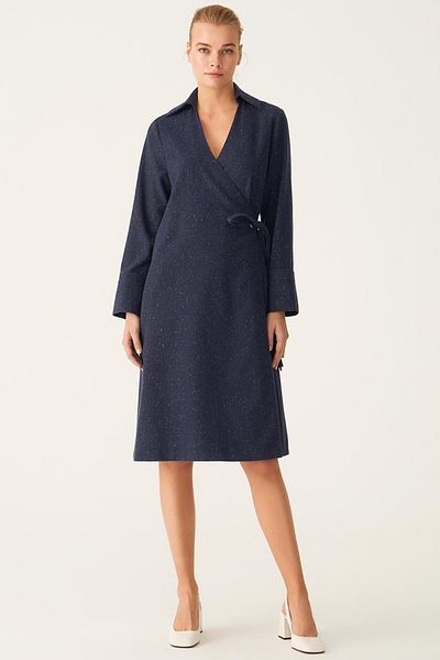 Perspective Navy Blue Aspens Regular Fit Midi Dress - Fitted Sleeves and Shirt Collar