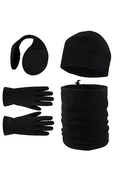 AXE SPORTSWEAR Mănuși negre de iarnă pentru femei - Beanie fleece - Guler cu șnur polar - Set de 4 căști pentru urechi