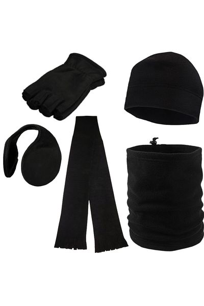 AXE SPORTSWEAR Mănuși unisex negre de iarnă fleece fără degete - șapcă fleece - guler fleece - căști pentru urechi - eșarfă set de 5