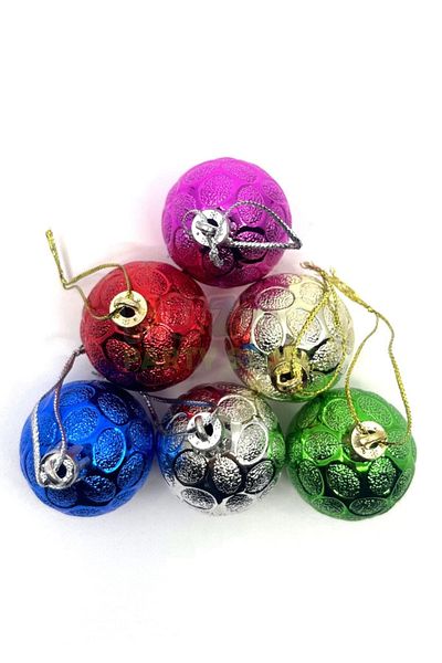 Huzur Party Store Spotted Pattern Cici Ball 4 Cm 6-Piece Christmas New Year Pine Tree Ornament Stringed Colorful Colored Balls Party