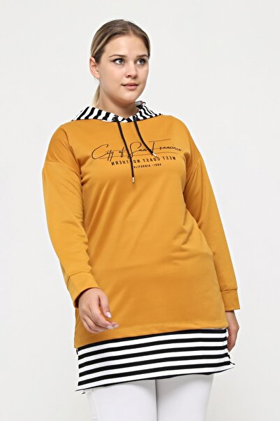 tarzımsüper Plus Size 100% Cotton Spring Comfort Model with Side Slits and Line Detail Hooded Sweatshirt