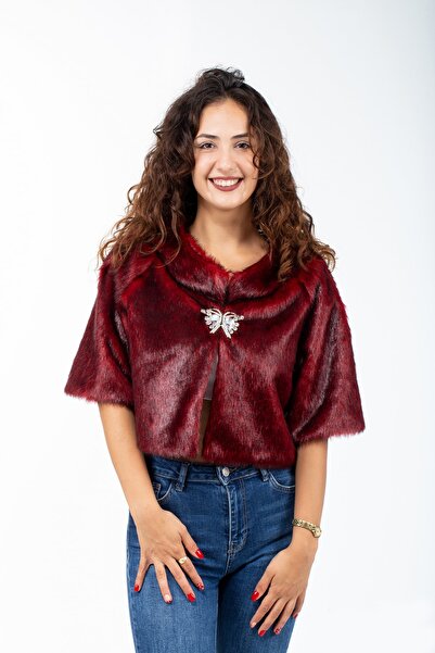 KRK Kadın Kırmızı Kısa Kollu Taşlı Gelin Ve Abiye Kürk Bolero