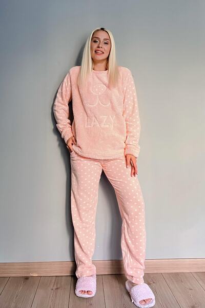 Pijamaevi Women's Salmon Salmon Lazy Patterned Plush Pajama Set