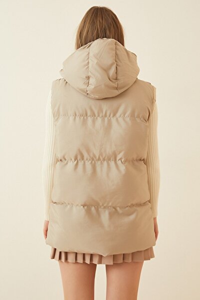 GALAVİP Women's Beige Pocket Hooded Sleeveless Puffer Vest