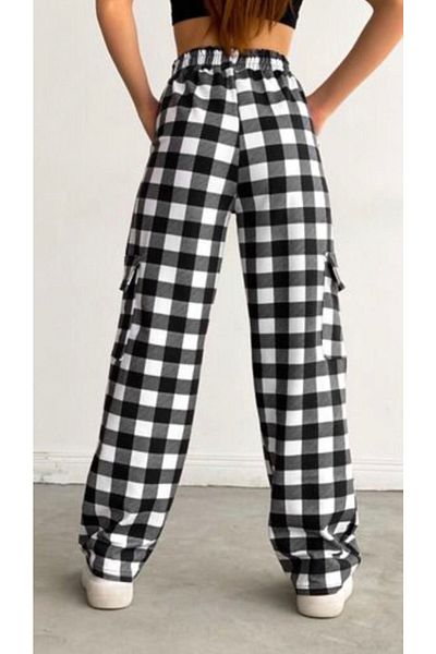 DEEFWEAR Unisex Μαύρο και άσπρο καρό παντελόνι με ελαστική μέση και λεπτομέρεια Cargo Pocket