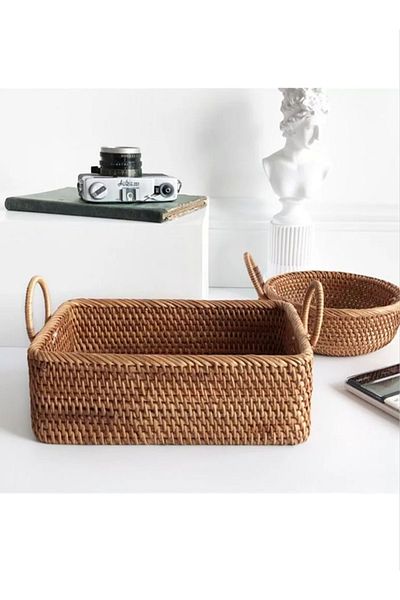 LİLLA HOME Rattan Bamboo Decorative Presentation Tray Bathroom Organizer with Rectangular Handle 14x20 Cm / Piece