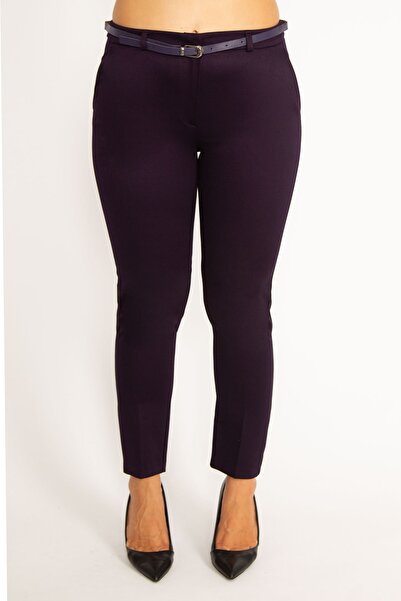 Şans Women's Large Size Plum Back Trim Flota and Side Pocket Belt Accessory Fabric Trousers 65n24040