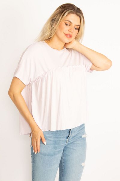 Şans Women's Large Size Pink Chest Gather Detailed Low Sleeve Viscose Blouse 65n27247