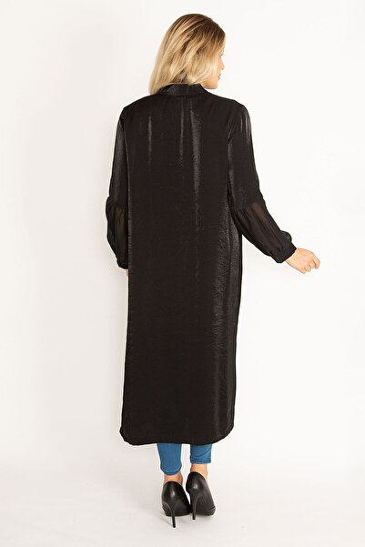 Şans Dámské velké černé lurexové látkové manžety šifon Detailní límec soudce Přední knoflík Dlouhá kapuce 65n28483