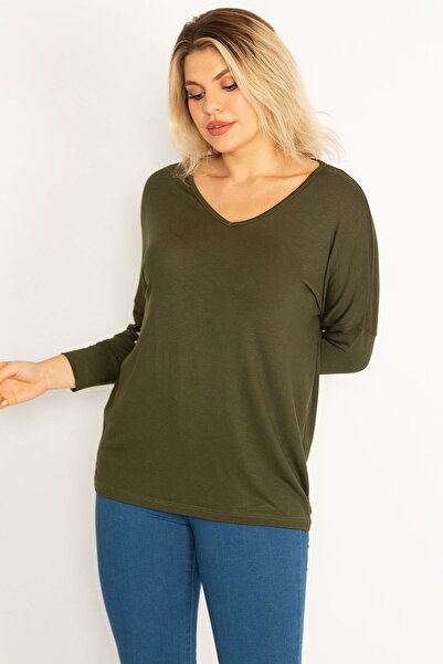 Şans Women's Plus Size Khaki Bat Sleeve V-Neck Viscose Blouse 65n29662
