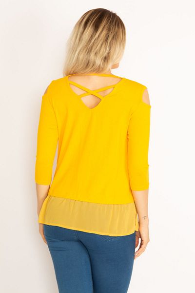 Şans Women's Large Size Yellow Shoulder Low-cut Stone Detailed Skirt Tip Chiffon 65n32048