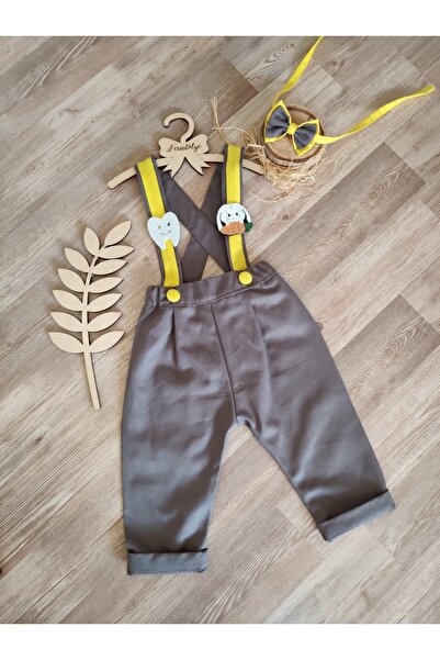 Feriatolye Diş Buğdayı Partisi Gri Sarı Şeritli Erkek Bebek Pantolon Salopet