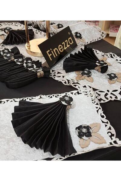 Finezza Afife Kadife Gümüş Siyah Sofra Takımı 8 Kişilik 160x230 Cm 34 Parça - 50