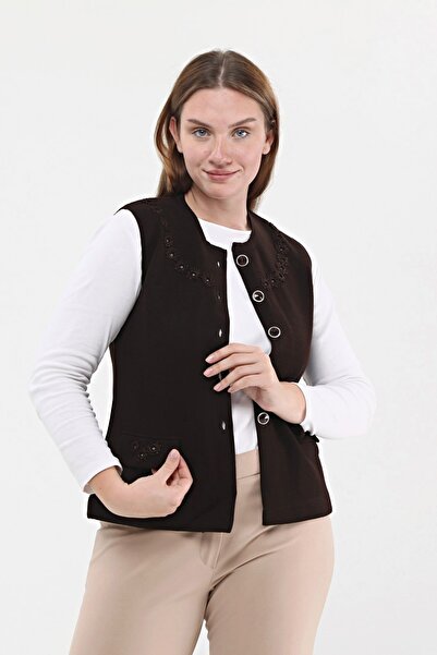 Laden Triko Çelik Örgü Boncuklu El Işi Tığlı Kadın Anne Kışlık Yelek