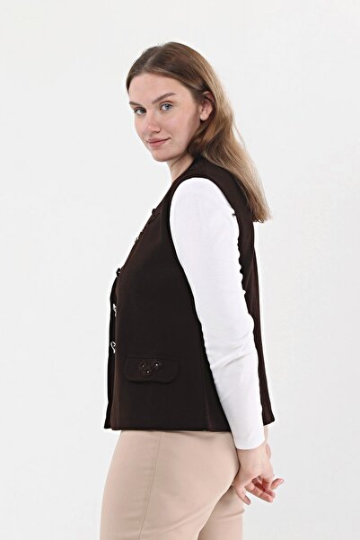 Laden Triko Çelik Örgü Boncuklu El Işi Tığlı Kadın Anne Kışlık Yelek