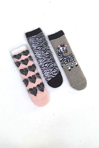 MEM SOCKS Комплект от 3 детски чорапи с ресни и зебров шарка, неплъзгащи се