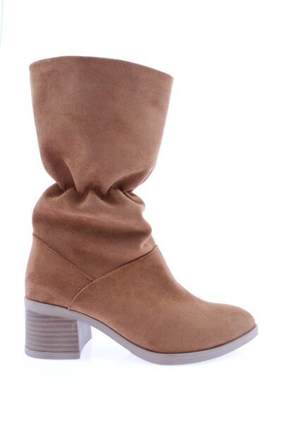DGN Blunt Toe Ankle Gathered Heeled Boots Tan Suede 262329121101772322