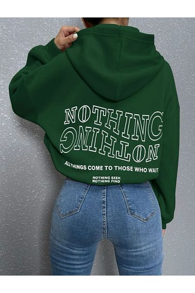 MOONBULL Nothing Printed Green Hooded Oversize Sweatshirt