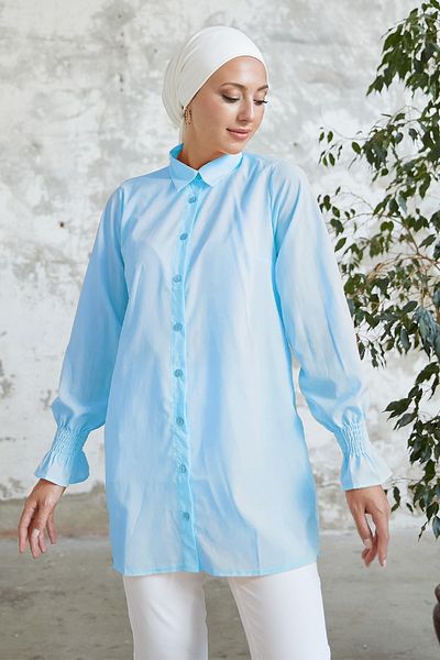 InStyle Reya Sleeve Shirred Shirt - Baby Blue