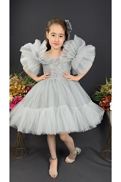 VİTASTORETR Kabarık Kol Detaylı Pullu Tüllü Gri Kız Çocuk Abiye Elbisesi