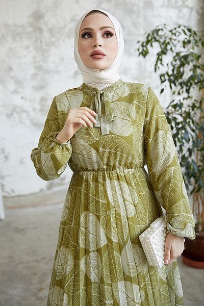 InStyle Φόρεμα από σιφόν χιτζάμπ Polina Leaf Pattern - Λαδί