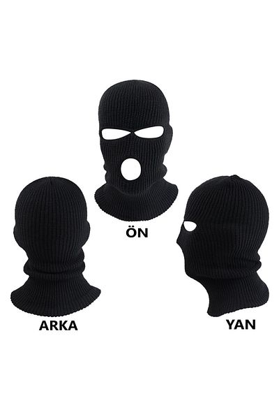 PAKER GİYİM Unisex Black Winter Knitted Knitted Three-Eyed Beanie Snow Mask