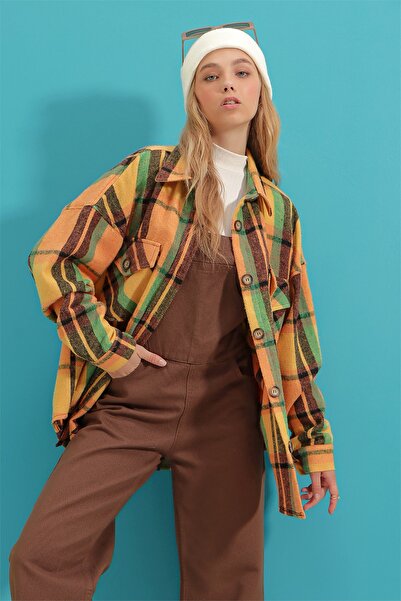 Trend Alaçatı Stili Női sáfránysárga kockás mintás bélyegző pamut oversize szafari dzseki ing ALC-X7142