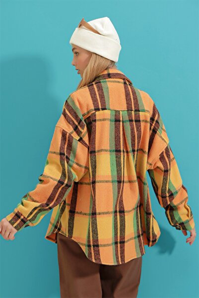 Trend Alaçatı Stili Női sáfránysárga kockás mintás bélyegző pamut oversize szafari dzseki ing ALC-X7142