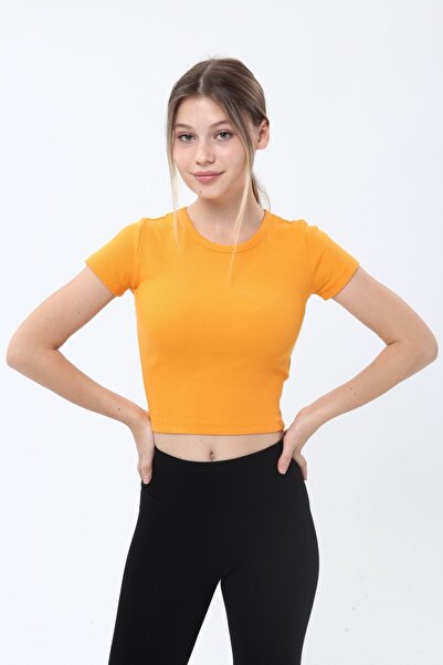 LAENT Tricou crop cu mânecă scurtă, portocaliu, cu gât rotund, pentru femei