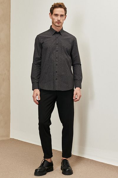 ALTINYILDIZ CLASSICS Men's Black Slim Fit Narrow Cut Button Collar Printed Shirt