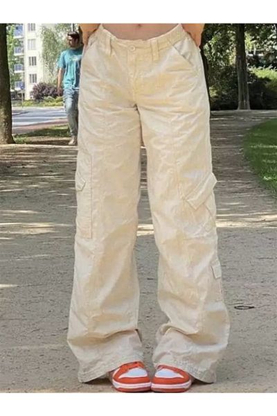 Planet Butik Stone Colored Trousers with Cargo Pockets and Elastic Waist