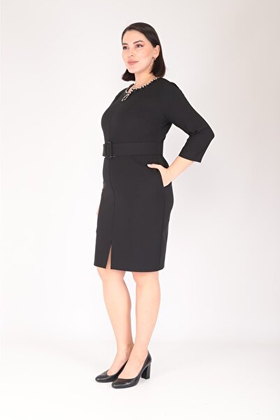 MODAPO Women's Strut Accessory Detailed Belted Plain Midi Plus Size Dress