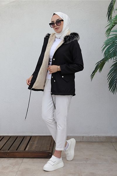 Bestenur Berfin Μαύρο Παλτό Hijab 364 - Διπλή τσέπη και γούνα εσωτερικά