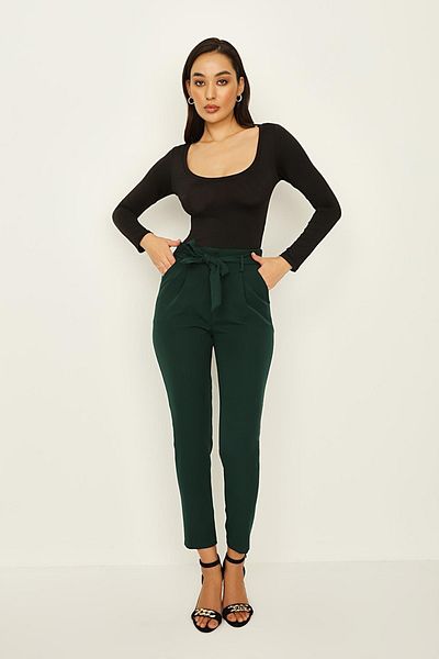 Select Moda Women's Green Belted Ankle Length Cigarette Pants
