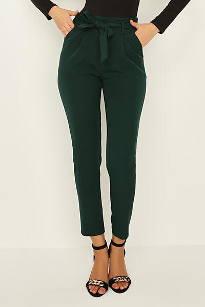 Select Moda Γυναικείο παντελόνι σιγαρέτας με πράσινη ζώνη μέχρι τον αστράγαλο