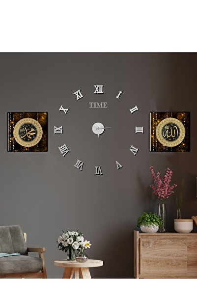 GİZEM SHOP Büyük Boy 3d Roma Gümüş Duvar Saati Ve Uv Tablo Set