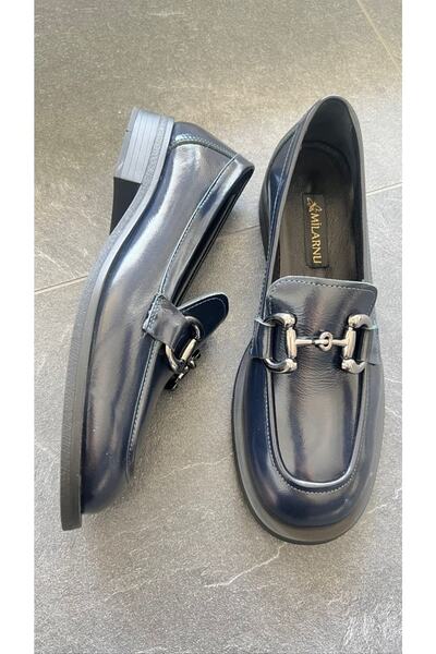 MİLARNU Kadın Hakiki Deri Lacivert Loafer Makosen Ayakkabı